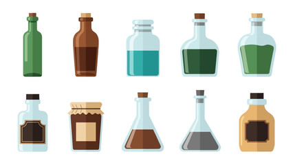 Collection of flat style bottles and jars with various colors and shapes on white background
