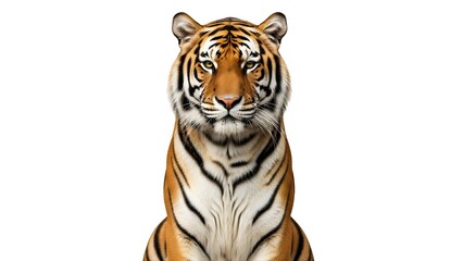 Obraz premium A majestic tiger sitting upright with striking orange and black stripes on a white background on transparent background