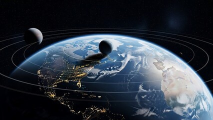 Earth from Space with Satellite and Moon.