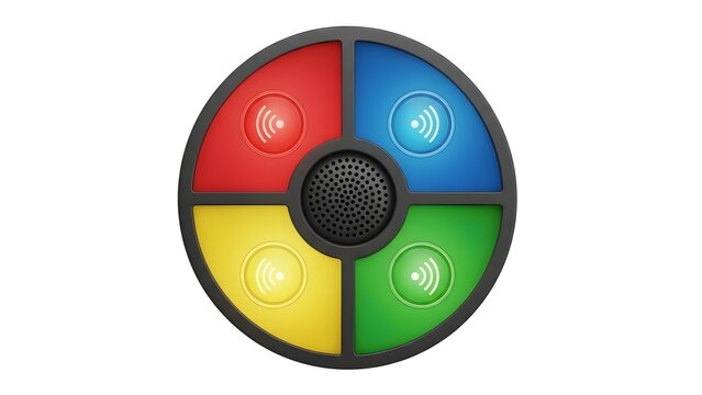 A colorful electronic memory game device with flashing buttons for interactive fun and entertainment activities. on transparent background