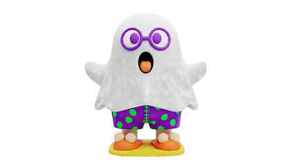 Cartoon Ghost Character in Swim Trunks and Glasses