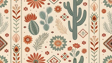 Vibrant desert botanical pattern with cacti and flowers