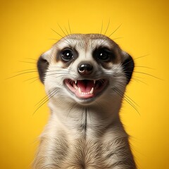 Smiling Meerkat Portrait on Yellow Background - A Captivating Animal Close-Up.