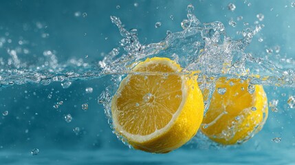 Splash of sliced lemon with water drops over blue background