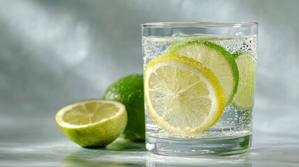 close-up of refreshing sparkling water with lime slices and bubbles in a glass, ideal for summer drink, hydration, or citrus beverage concept
