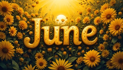June month name typography in warm yellow sunshine tones.