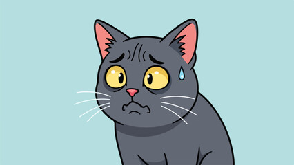 Illustration of a gray cat with yellow eyes and a tear on a light blue background