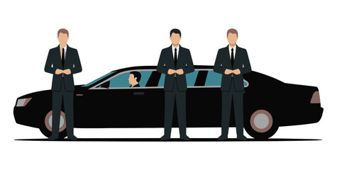 Three security guards stand protectively next to a limousine carrying a passenger.