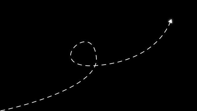 White dashed arrow path curving upwards with a loop on black background curve dotted