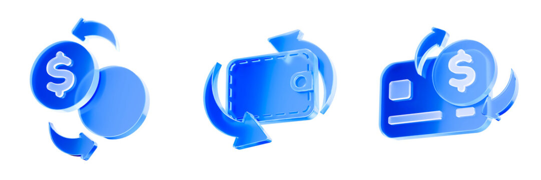 Set 3D Glass currency exchange and money transfer icon isolated on transparent background, concept of financial banking and wallet transaction. Transparent Liquid Glass icon. 3D rendering.