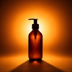 Silhouette of amber glass dispenser bottle against glowing orange circular background light