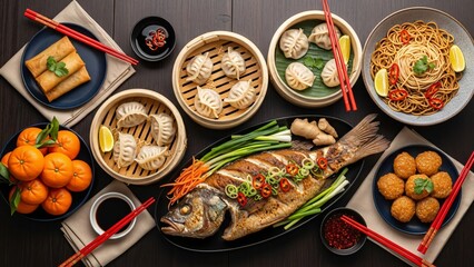 Traditional Chinese food served on a tray and table with delicious dishes ready to eat