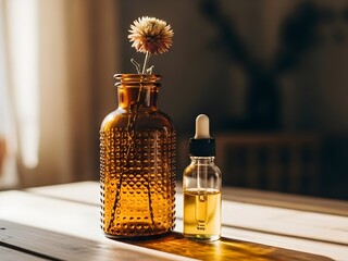 Amber glass essential oil bottles on wooden table with dried flower and sunlight shadows