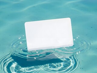 Blank white business card floating on blue swimming pool water surface mockup