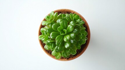 A top view of a healthy green succulent plant in a terracotta pot with rich soil, showcasing its vibrant, fleshy leaves and natural texture on a clean white background