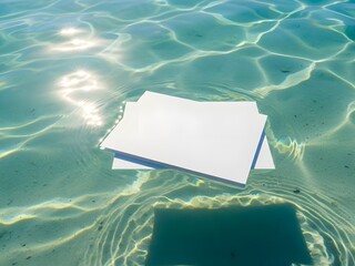 Blank white paper card floating on crystal clear blue water surface with ripples