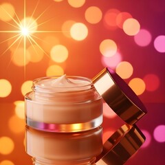 Luxury open face cream jar with gold lid on festive red bokeh light background