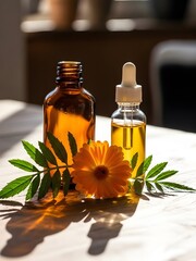 Amber glass apothecary bottles with fresh marigold flowers and strong natural sunlight