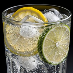 Refreshing gin and tonic cocktail glass with lemon and lime slices and ice cubes