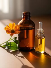 Natural organic skincare amber bottles with orange marigold flower and sunlight shadows
