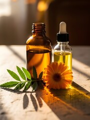 Amber glass dropper bottles with orange marigold flower on sunny wooden table