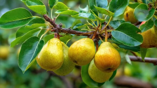 A captivating close-up shot of several ripe pears dangling from a sturdy tree branch, gently swaying amidst vibrant green leaves. The succulent fruits showcase a natural transition of colors, from ver