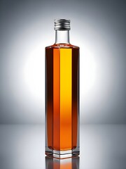 Tall amber glass cosmetic or beverage bottle standing on white background for mockup