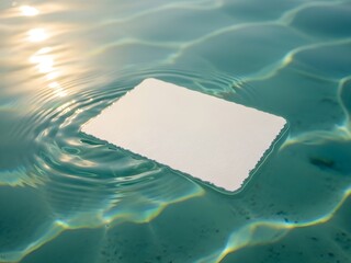 Blank white paper card floating on crystal clear blue swimming pool water with ripples