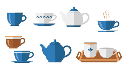 Charming collection of geometric tea and coffee cups with teapots in modern flat design