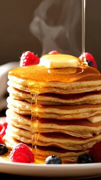 Hot fresh pancakes served with mixed berries and honey dripping on butter for breakfast meal