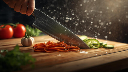 Chopping fresh vegetables on a wooden board with a sharp knife in a vibrant kitchen scene