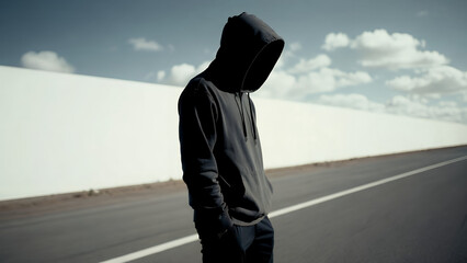 Anonymous Person in Dark Hoodie Stands by Long White Wall and Road