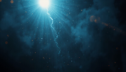 Dramatic lightning bolt strikes through dark stormy night sky