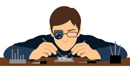 Watchmaker repairing intricate timepiece with precision tools in flat design