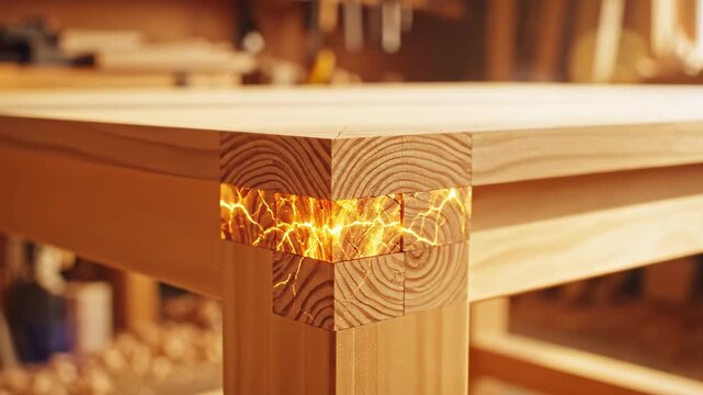 Close-up of a wooden mortise-and-tenon joint in fresh timber, warm grain, workshop glow. in daylight