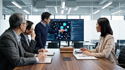 Focused business executives analyze ai technology data, pointing at the blue visualization screen during a professional meeting. - Powered by Adobe