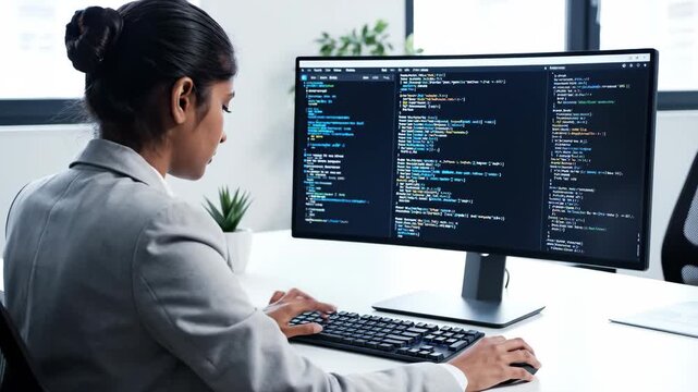 A professional female programmer is typing complex ai source code, displayed on a glowing monitor in a focused office environment.