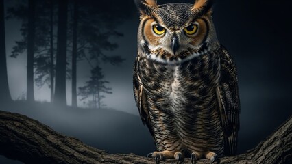 Fototapeta premium Majestic Great Horned Owl Perched on a Branch in a Mystical Forest at Night.