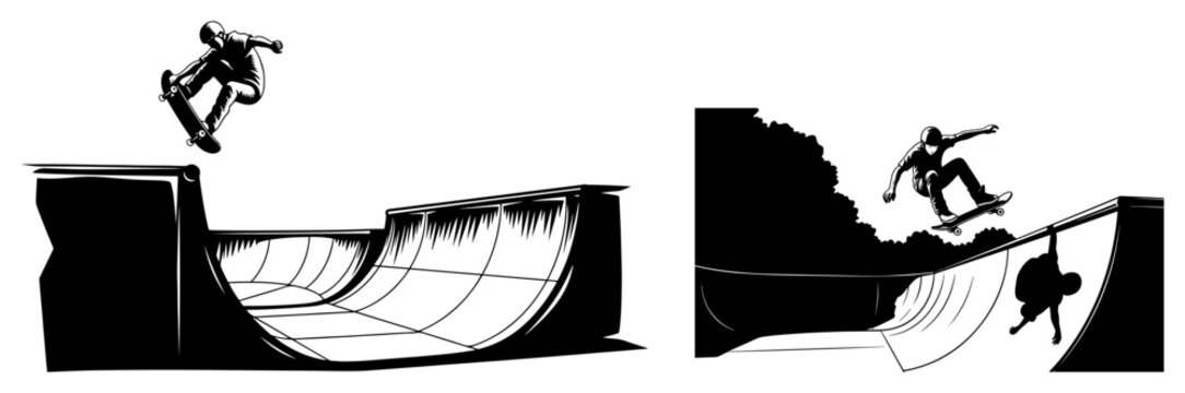 Skatepark scene with skaters on ramp in monochrome style