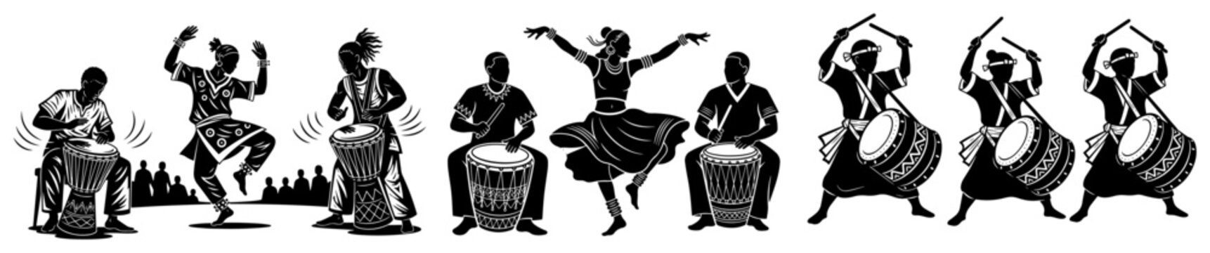 Silhouette vector of african tribal dancers and musicians playing drums