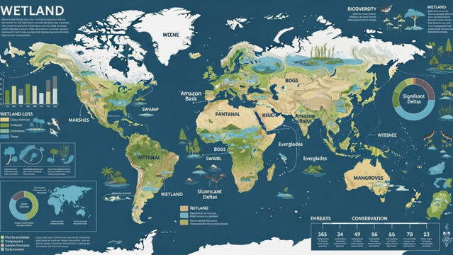 World map showing global wetland distribution infographic with ecological data and conservation information for environmental science