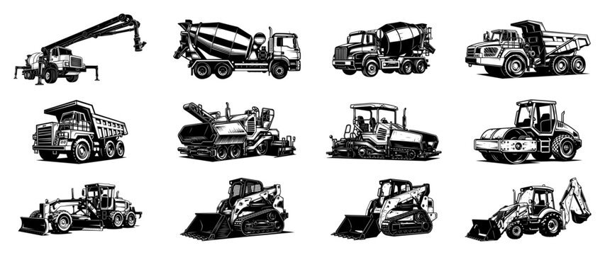 Heavy construction machinery and industrial vehicle illustration set