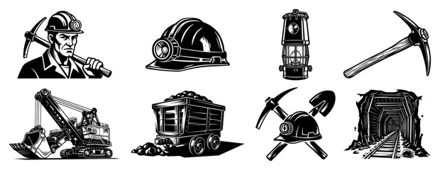 Set of coal mining industry equipment and miner silhouette icons © AnjaliDesai