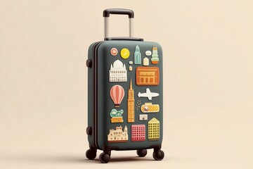 Naklejka premium Travel-Inspired Luggage with Vibrant Stickers of Iconic Landmarks and Adventures