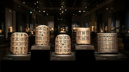 Five ancient artifacts with intricate patterns displayed in a dimly lit museum exhibition hall.