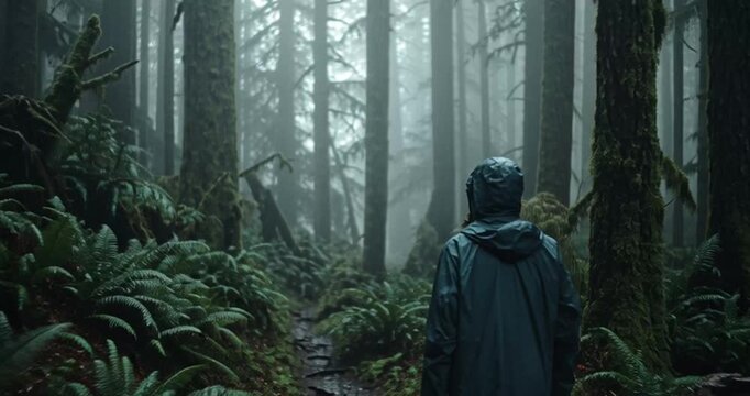 A person in a raincoat walks alone on a path through a dense foggy forest with tall trees and lush greenery