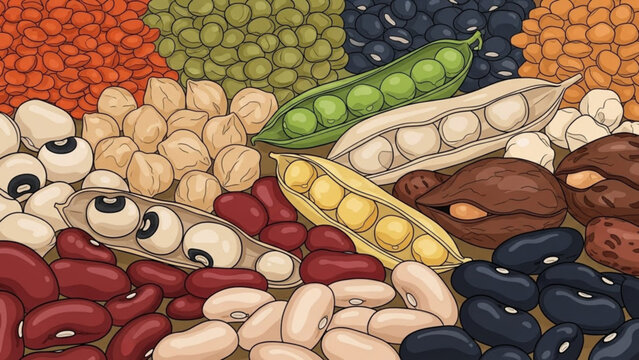Assortment of dried beans and legumes healthy food ingredients for cooking and nutrition flat illustration on textured background