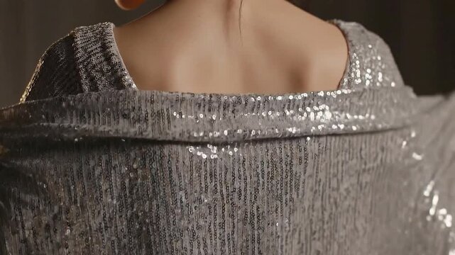 Woman's Back in Silver Sequin Dress Showing Movement Elegant Style Against Dark Background Festive Sparkling Design