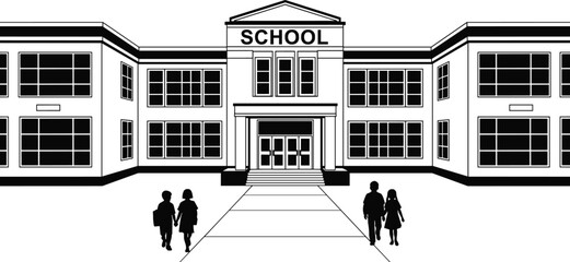 Black and white school building illustration, children walking, educational architecture, vector design, student life concept, symmetrical facade, entrance steps, classroom windows
