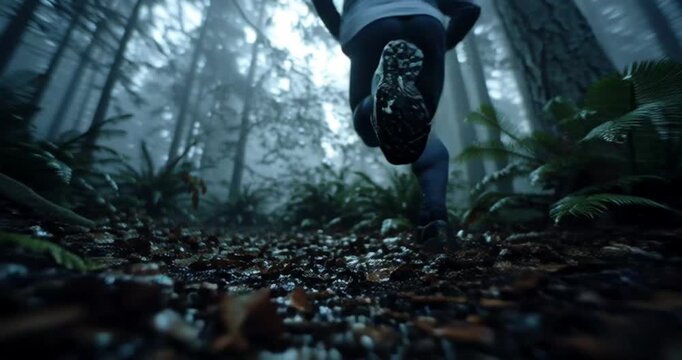 A person glides effortlessly forward in a dense forest from a low angle first person viewpoint